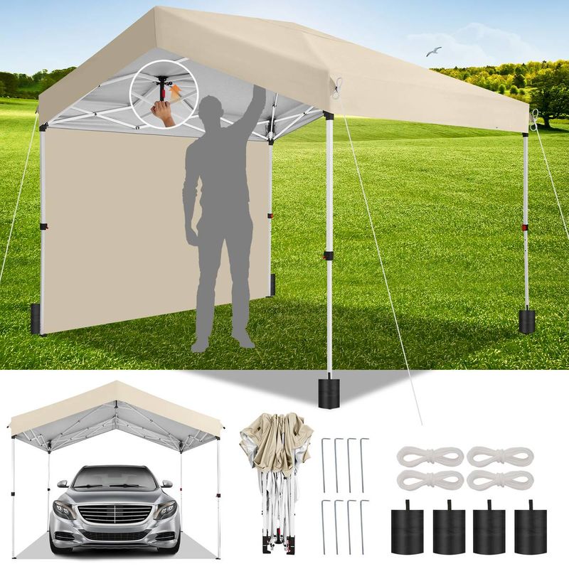 Carport Canopy 10x10 Pop Up Canopy Portable Garage With 1-Button Push Center Lock,Car Port Garage With 1 Sidewalls UV Resistant Waterproof All-Season_voghion.com
