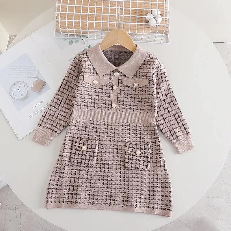 Robe pull tricotée à petits carreaux pour enfants, nouvelle collection automne/hiver, vent parfumé, poche à carreaux, trésor pour femmes_voghion.com