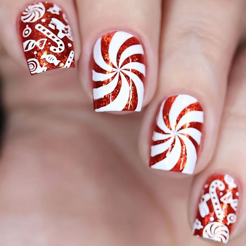False Nails Christmas Candy Spiral Pattern Red Glitter Simple Design Wearable Nail Art Patch Removable False Nails_voghion.com