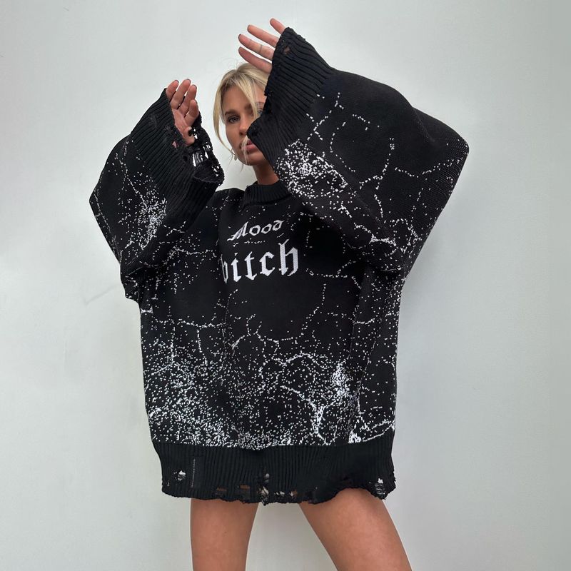 Lazy pullover sweater for women in autumn and winter street versatile loose letter embroidery personalized tattered woolen long sleeves_voghion.com