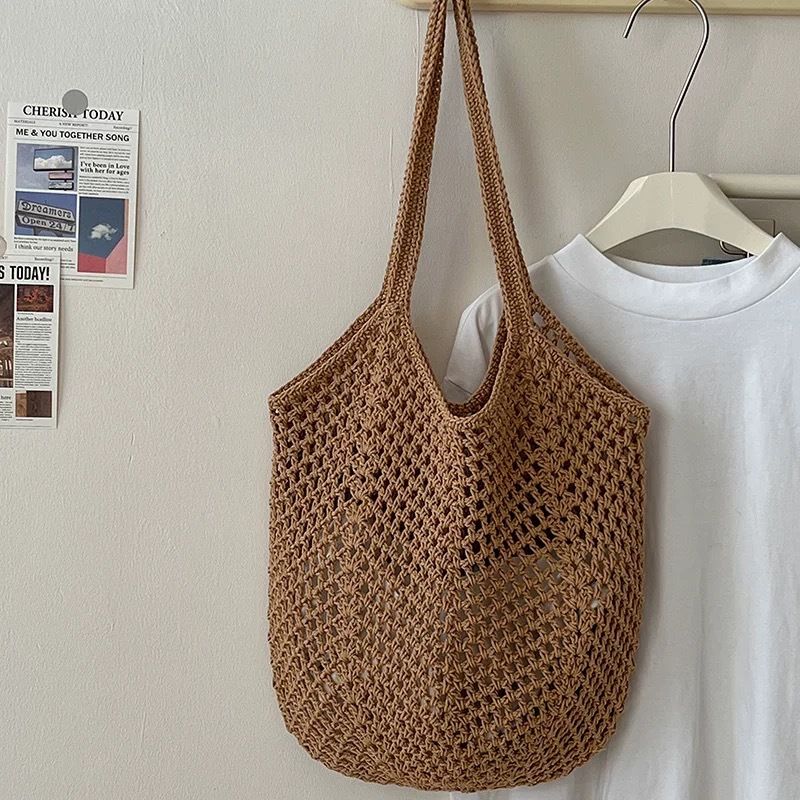 Grand sac fourre-tout tissé pour femme - Sac de plage d'été à motif ajouré_voghion.com