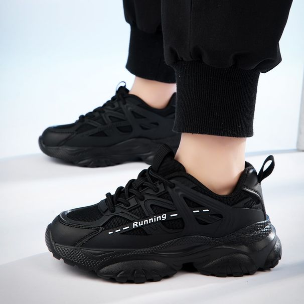 Boys' Spring And Summer Lace Up Casual Breathable Black Running Shoes_voghion.com