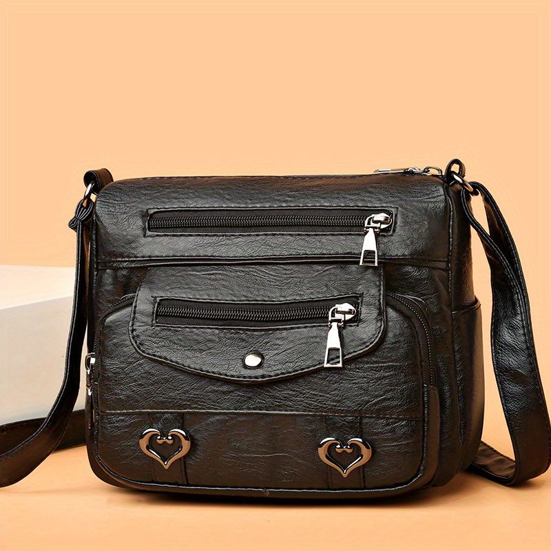 Sac bandoulière en cuir pour femme, motif cœur, vintage, multi-poches_voghion.com