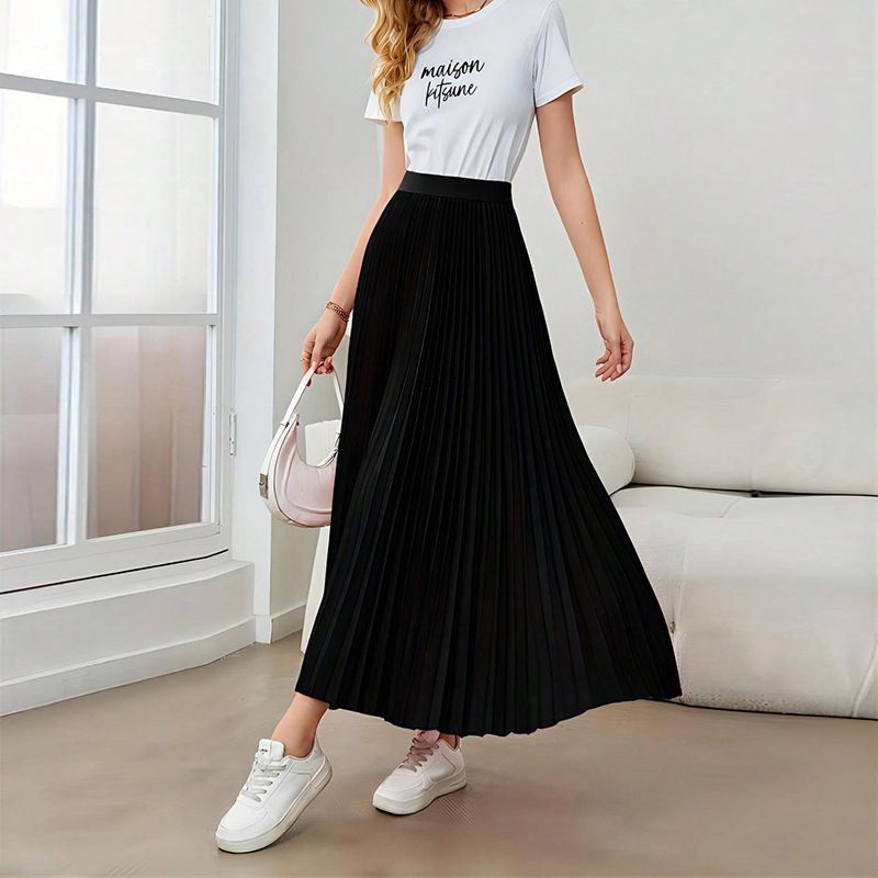 Jupe midi évasée plissée élégante pour femme – Jupe noire en polyester, nouveau style, idéale pour les déplacements quotidiens et les voyages._voghion.com