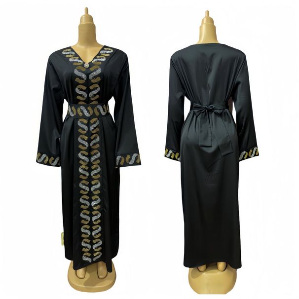 Damen Neues Farbblock-Strass-Handwerksgürtel Schlanker V-Ausschnitt Elegantes muslimisches Gewand Langes Kleid_voghion.com