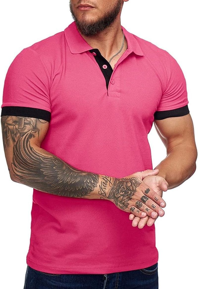 Camisa polo masculina de manga curta com contraste slim fit, camiseta clássica de algodão para verão, básica para escritório e lazer_voghion.com