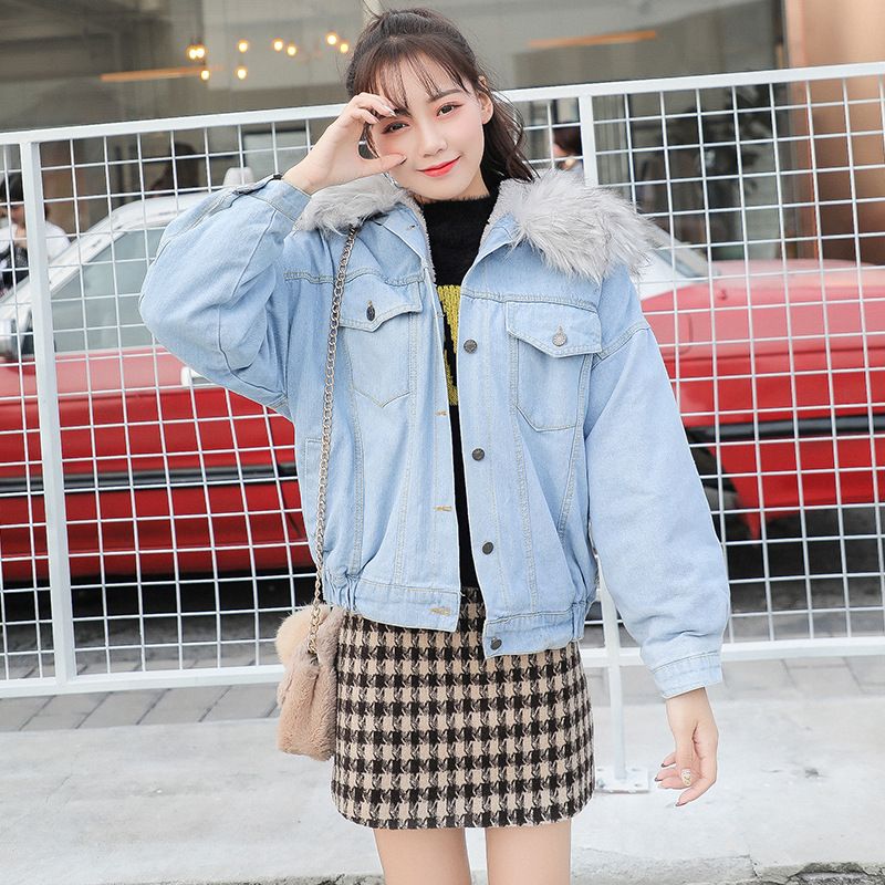 Women's Clothing thick plush fur collar denim tops women's jackets loose short plush cotton jackets _voghion.com