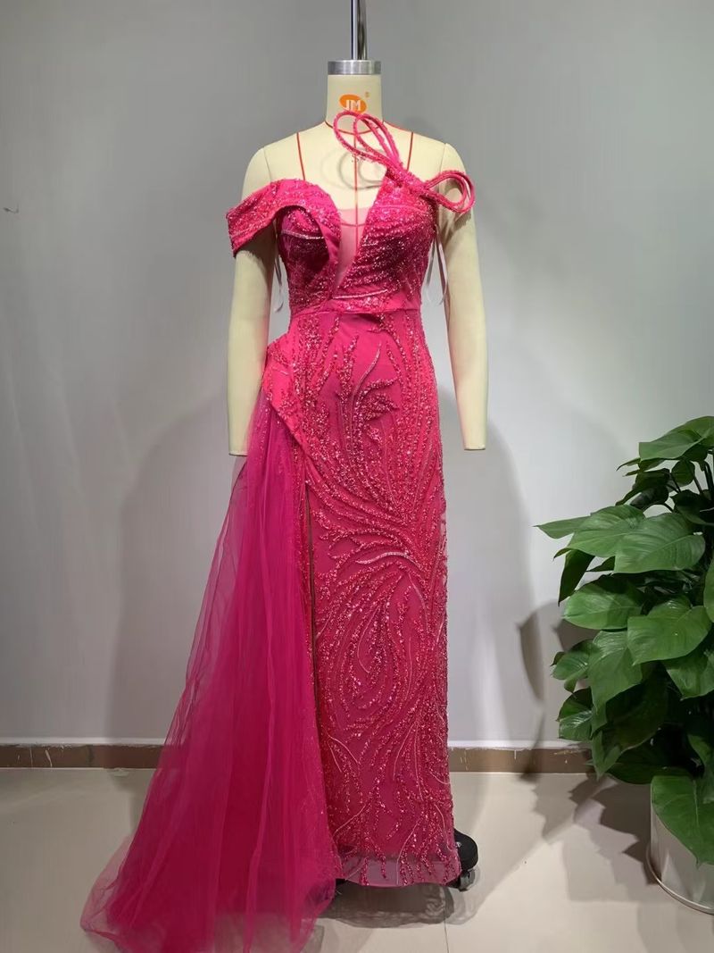 Women's Clothing Rose Red Sexy Tube Top V Neck Slim Tight Sequin Beads Loose Split Mesh Long Evening Dress_voghion.com