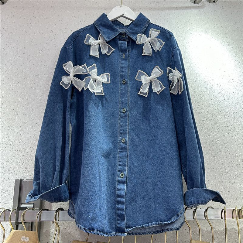 Chemise en jean ample et polyvalente pour femme, vêtement d'automne robuste avec nœud tridimensionnel_voghion.com