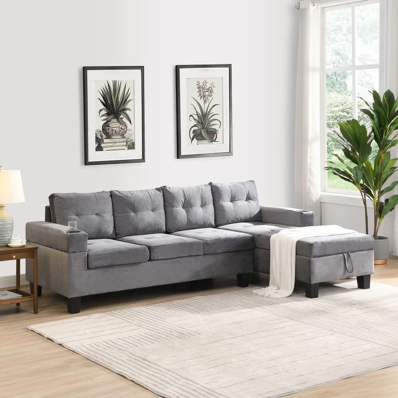 Sectional Sofa Set For Living Room With L Shape Chaise Lounge ,cup Holder And Right Hand With Storage Chaise Modern 4 Seat (Grey) --RIGHT CHAISE WIT_voghion.com