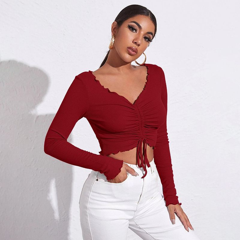2023 Lässiges Damen-T-Shirt-Oberteil mit V-Ausschnitt, plissiert, schmal geschnitten, ultrakurzes Strick-Langarm-Damen-T-Shirt_voghion.com