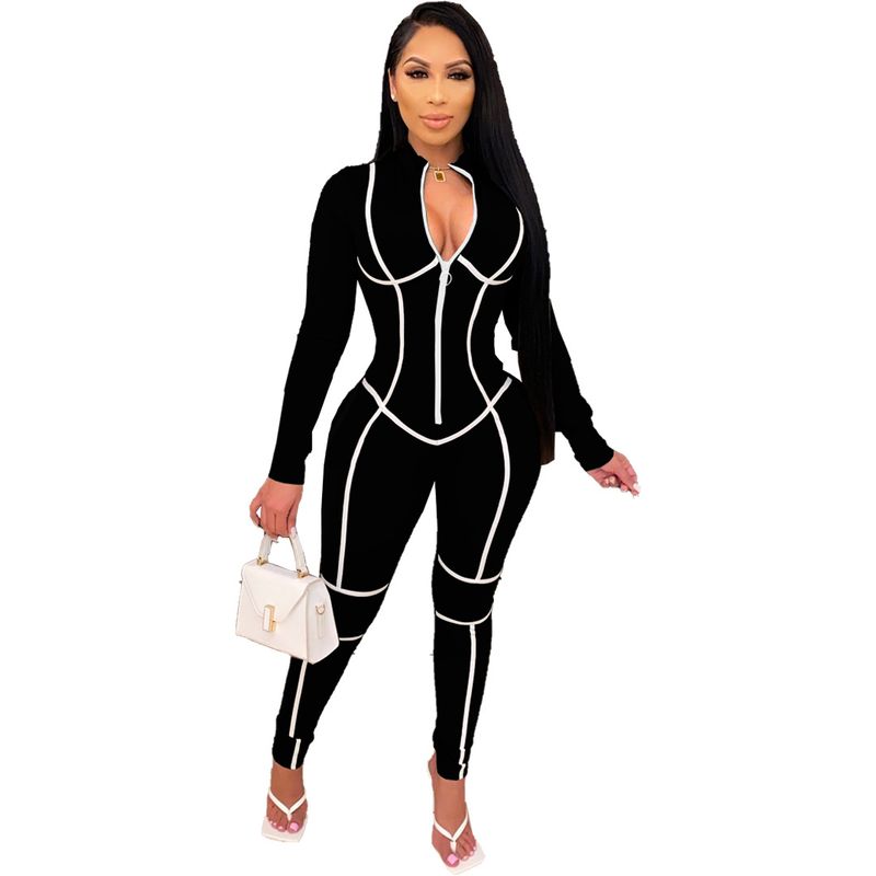 Roupas femininas Moda feminina Casual Outono e Inverno Estilo Cor sólida Zíper Slim Manga comprida Macacão esportivo_voghion.com