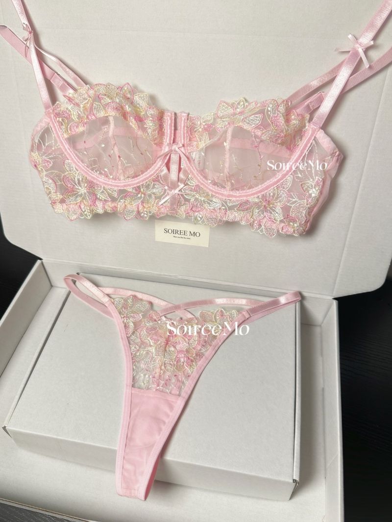 Soiree Mo Sweet Baby * Beautiful Color Matching Pure Desire Wind Pink Droplet Sexy Bra Set_voghion.com