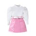Kinderkleding Meisjes Mode Herfst En Winter Stijl Pofmouw Top Effen Kleur Pu Leren Rok Riem Driedelig Pak_voghion.com