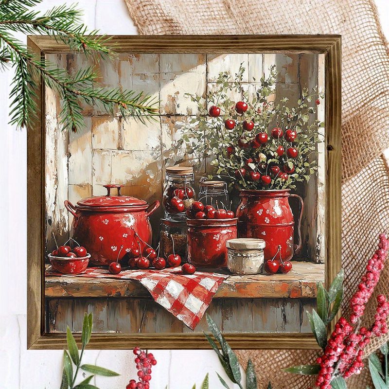 "8x8" Farmhouse Cherry träskylt - inramad röd körsbär köksinredning för vardagsrum eller café. Perfekt mors dag present._voghion.com