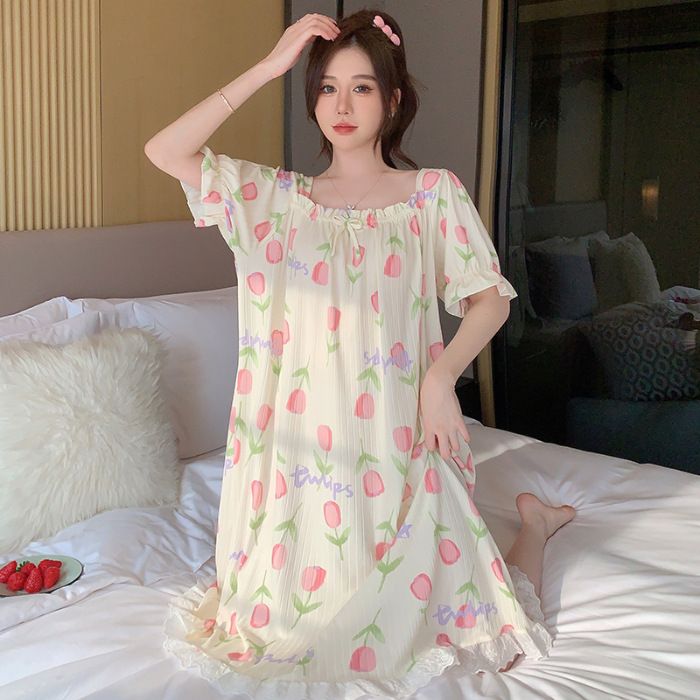 Milchseide Kordelzug Nachtwäsche Damen im Sommer, süßes florales kurzärmliges, mittellanges Nachthemd, mit Gewichtszunahme_voghion.com