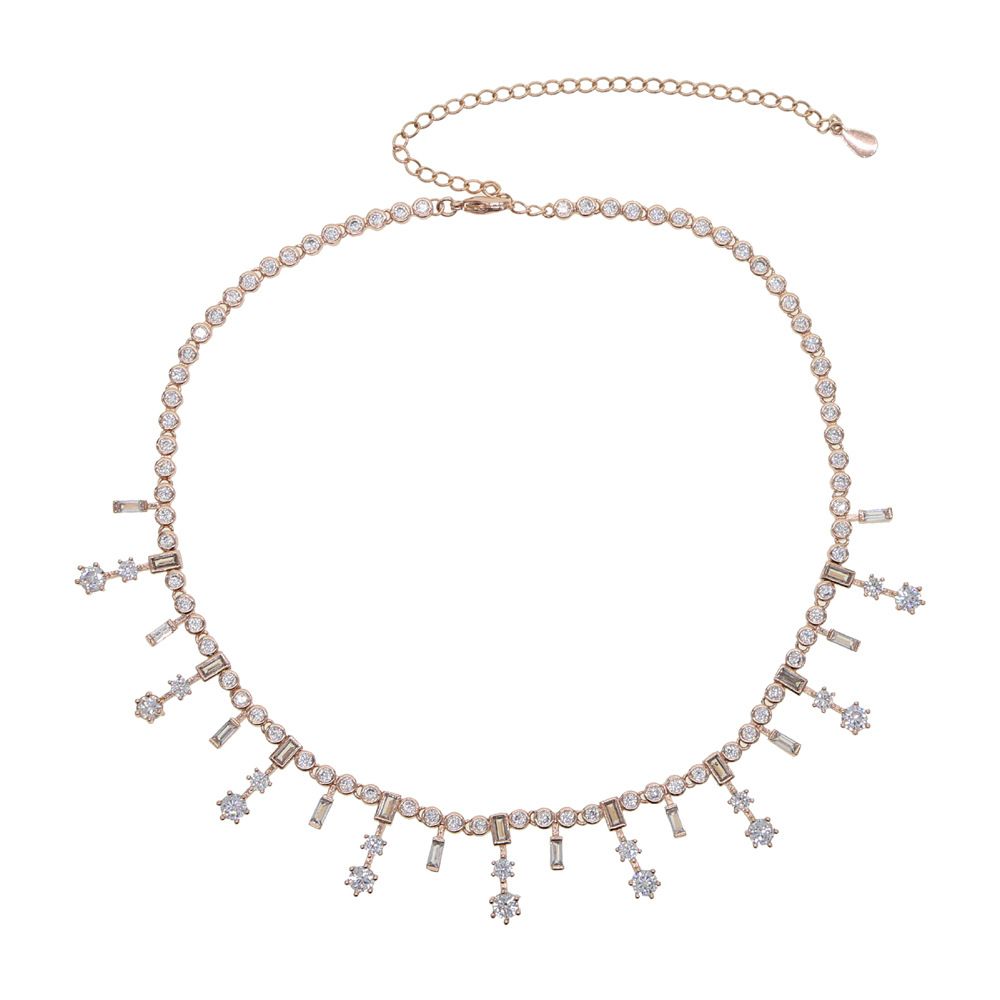 Nowy damski krótki naszyjnik choker pełen diamentów cyrkon srebrny różowo-złoty naszyjnik biżuteria_voghion.com