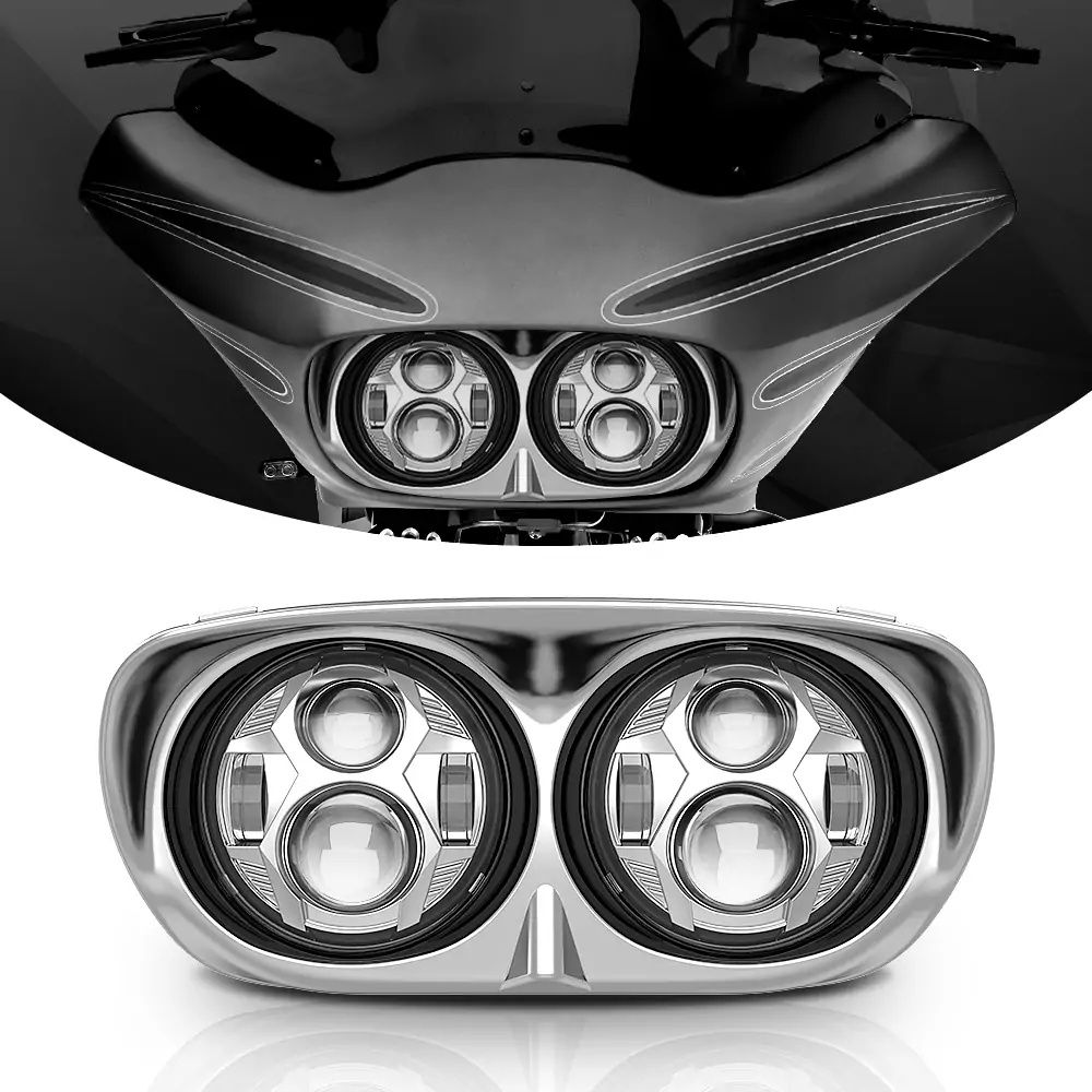 Faro anteriore a doppio LED per motocicletta Harley Road Glide 2004-2013, 6000K IP67 impermeabile con modalità luce abbagliante/anabbagliante super luminosa_voghion.com