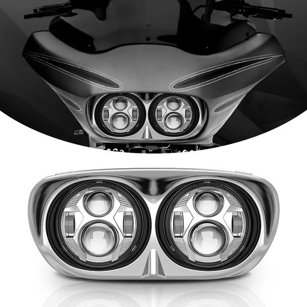 Faro anteriore a doppio LED per motocicletta Harley Road Glide 2004-2013, 6000K IP67 impermeabile con modalità luce abbagliante/anabbagliante super luminosa_voghion.com