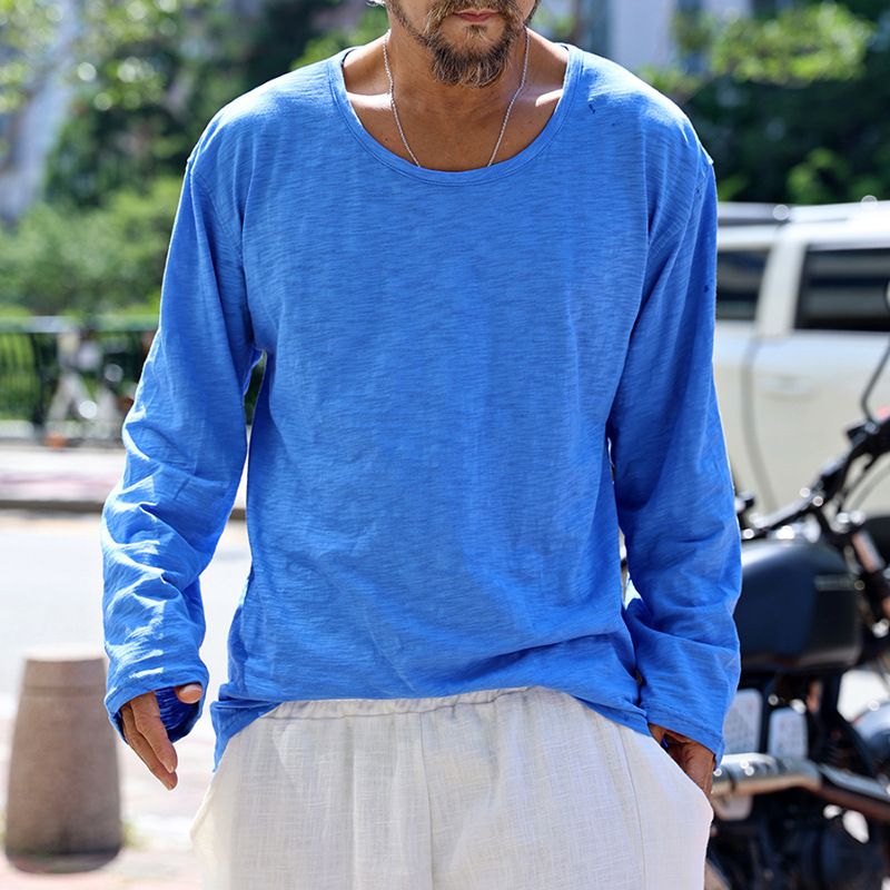 T-shirt à manches longues et col rond pour homme, style décontracté, ample, couleur unie, début d'automne_voghion.com