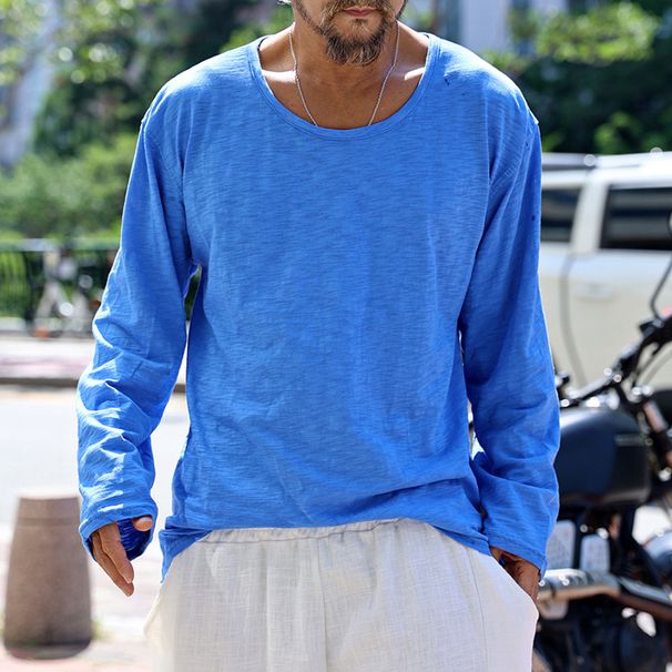 T-shirt à manches longues et col rond pour homme, style décontracté, ample, couleur unie, début d'automne_voghion.com