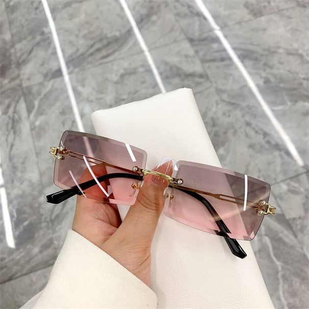 Gafas de sol rectangulares sin montura para mujer, anteojos de sol femeninos de marca de diseñador vintage, con degradado rosa, lentes de corte cuadrados_voghion.com