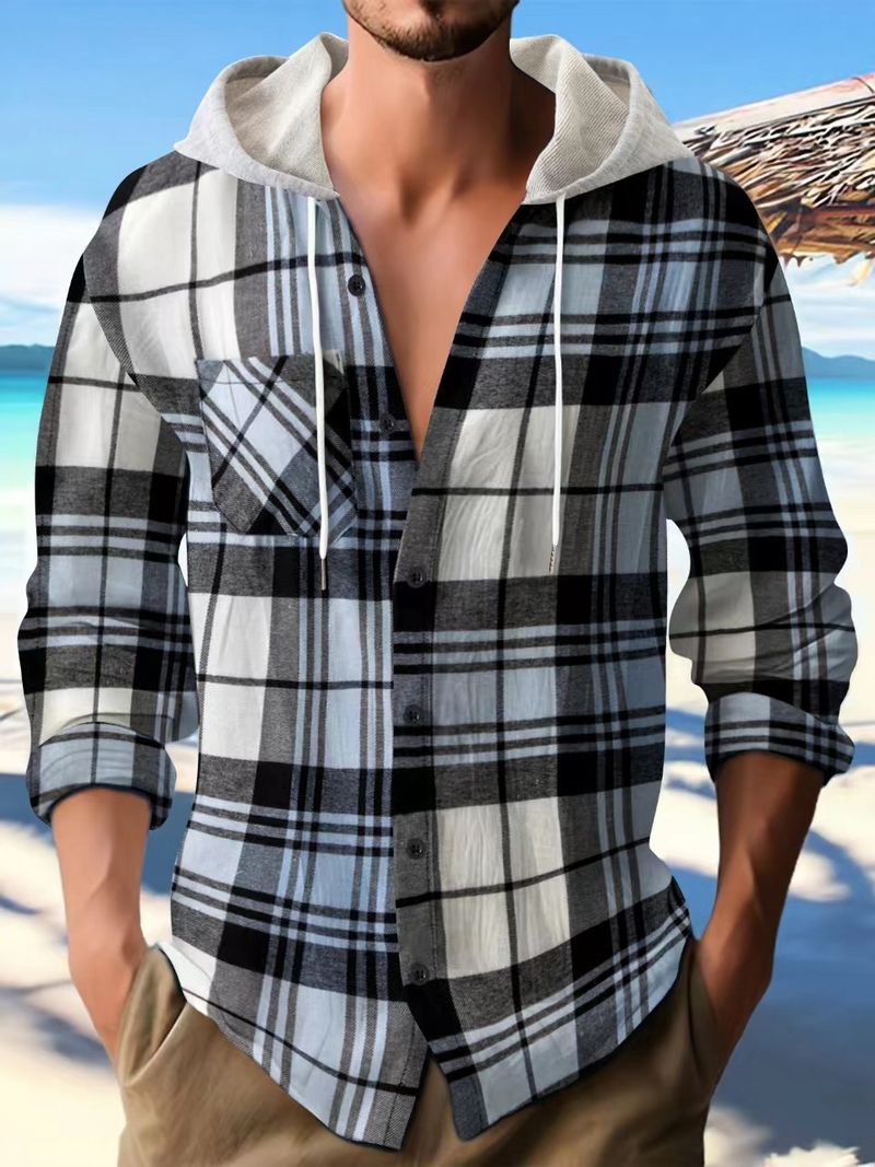 Felpa con cappuccio in flanella a quadri di vendita calda primavera e autunno, camicia casual da uomo di grandi dimensioni_voghion.com