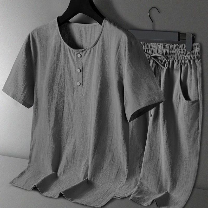 Abito estivo in cotone con maniche corte e sottili, completo in lino, stile cinese, abbigliamento da nonno per uomo Hanfu_voghion.com