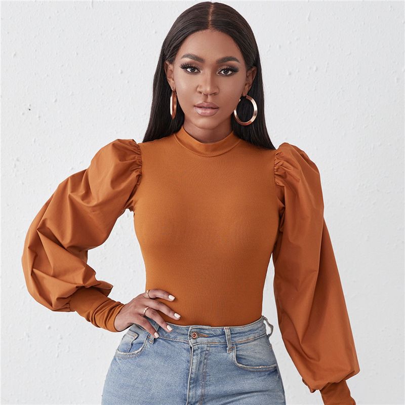 Vêtements pour femmes Nouveau produit Épissage à manches longues Col rond Pull Slim Fit Couleur unie Tempérament Commuting T-shirt pour femmes_voghion.com