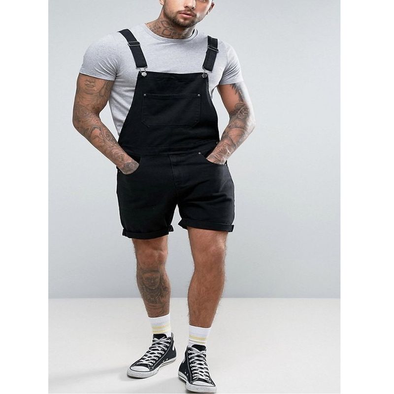 2019Wish Retro Men's Denim White Hoop Shorts, One-piece Tooling Overalls_voghion.com