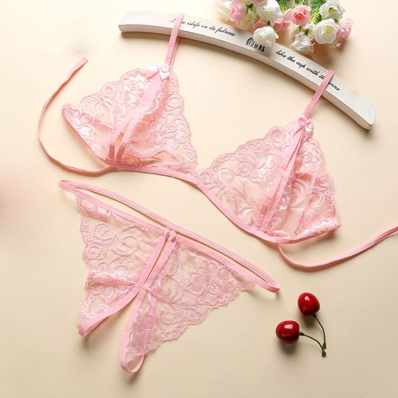 Rüschen Mesh Spitze Dessous 2 Stück Frauen Unterwäsche Transparente BHs Höschen Slips Weiß Sexy Dessous Nahtloser BH_voghion.com
