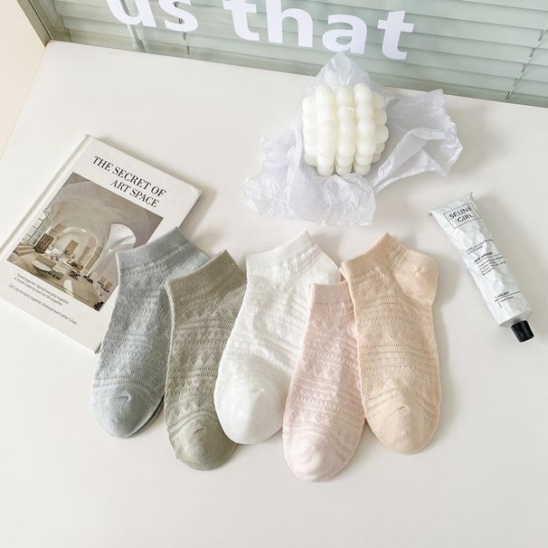 5 pcs flower spring and summer socks for women breathable mesh women's boat socks thin shallow mouth solid color cotton sweat-absorbent short socks_voghion.com