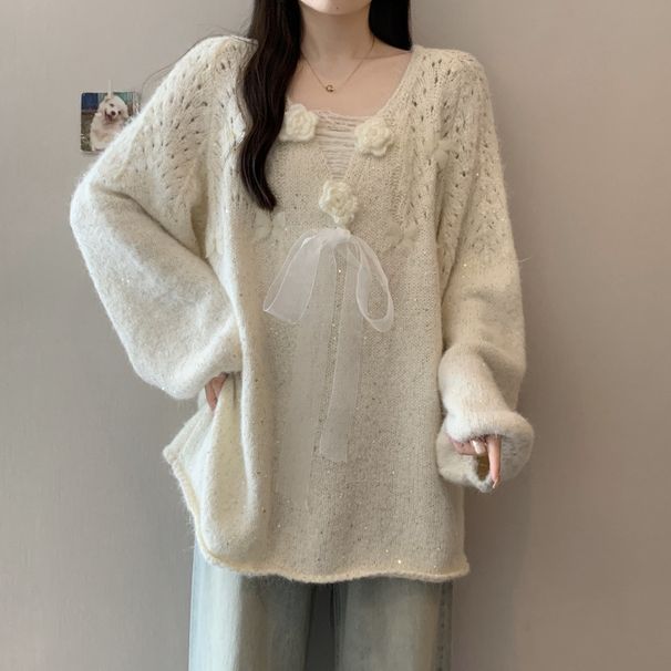 Super Beautiful Three-Dimensional Flower V-Neck Sweater Women's Autumn And Winter Large Size Plump Girls Mid-Length Swea_voghion.com