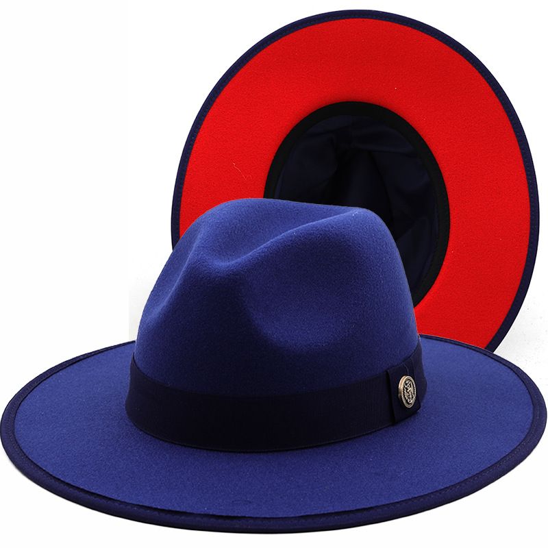 Chapeau haut de forme unisexe en laine à bordure, chapeau en feutre à double face à blocs de couleurs, chapeau de jazz à bord plat pour femme, chapeau bicolore bleu marine et rouge populaire pour homme_voghion.com