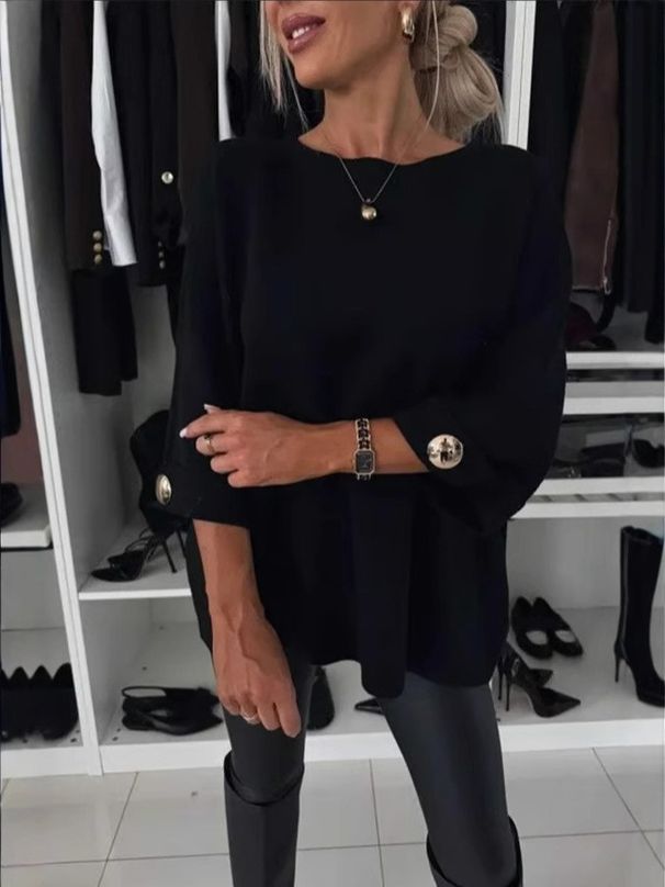 Abbigliamento da donna, nuovi top casual in maglia a maniche lunghe con scollo rotondo e tinta unita_voghion.com
