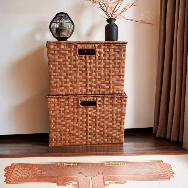 Cesta tejida de ratán con tapa, organizador multifuncional con asa para el hogar, dormitorio y otros objetos de almacenamiento._voghion.com