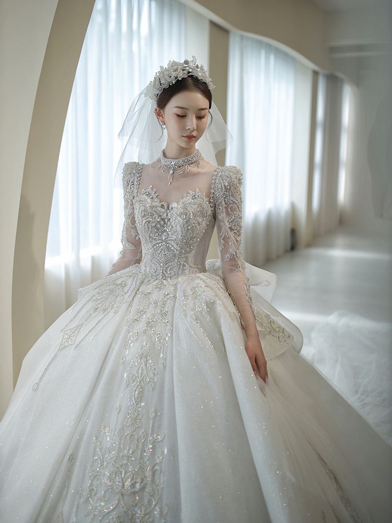 Damenbekleidung Neue Braut Leichter Luxus Langer Schwanz Schlanke Prinzessin Langarm Schwere Palast High-End-Textur_voghion.com