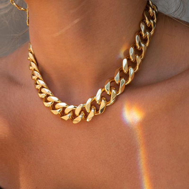Collana con catena cubana in lega placcata oro punk INS spessa da donna, girocollo in metallo con personalità_voghion.com