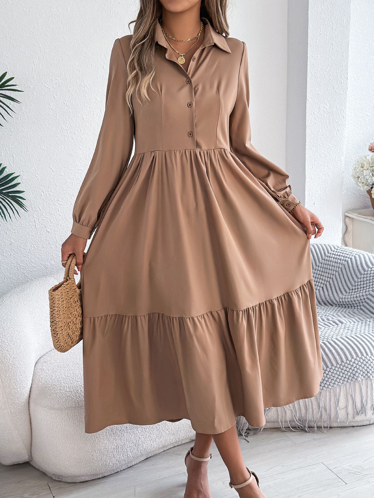 Vestido camisero de otoño-invierno para mujer con cuello de solapa y bajo con volante, corte holgado, manga larga, informal, tejido de poliéster elástico, estilo urbano._voghion.com