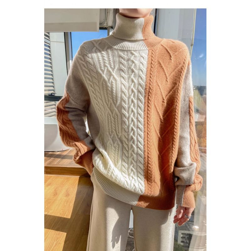 Damen-Rollkragenpullover mit Zopfmuster – Dicker Winterpullover mit Colorblock-Design (S/M/L/XL)_voghion.com