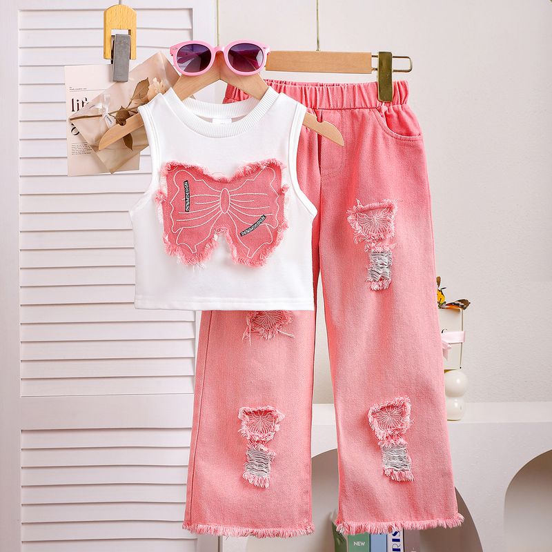 Kids’ Clothing Summer Girls Sleeveless Patch Bow Top Ripped Denim Trousers Two Piece Suit_voghion.com