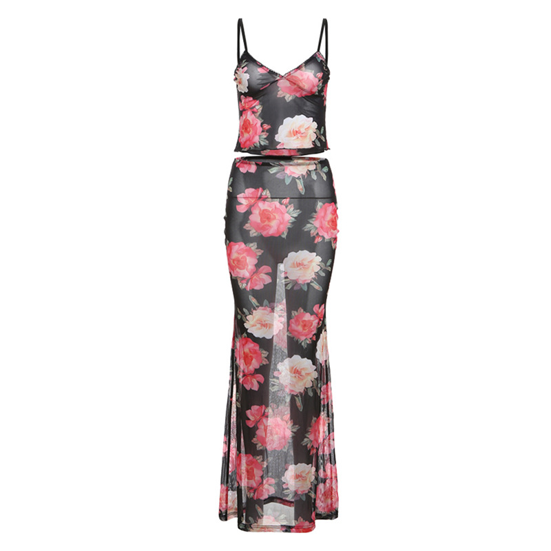vestito da donna con gonna sottile trasparente a canotta stampata alla moda per gilet piccolo_voghion.com
