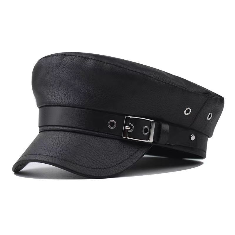 Black PU Full Navy Men, British Style Buckle Baseball Cap, Fashionable Octagonal For Women, Spring And Autumn Casual_voghion.com