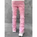 Men's Skinny Fringe Hip-hop Edge Elastic Patch Punk Rock Long Tight Fit Stacked Jeans Denim Pants Blue Pink_voghion.com