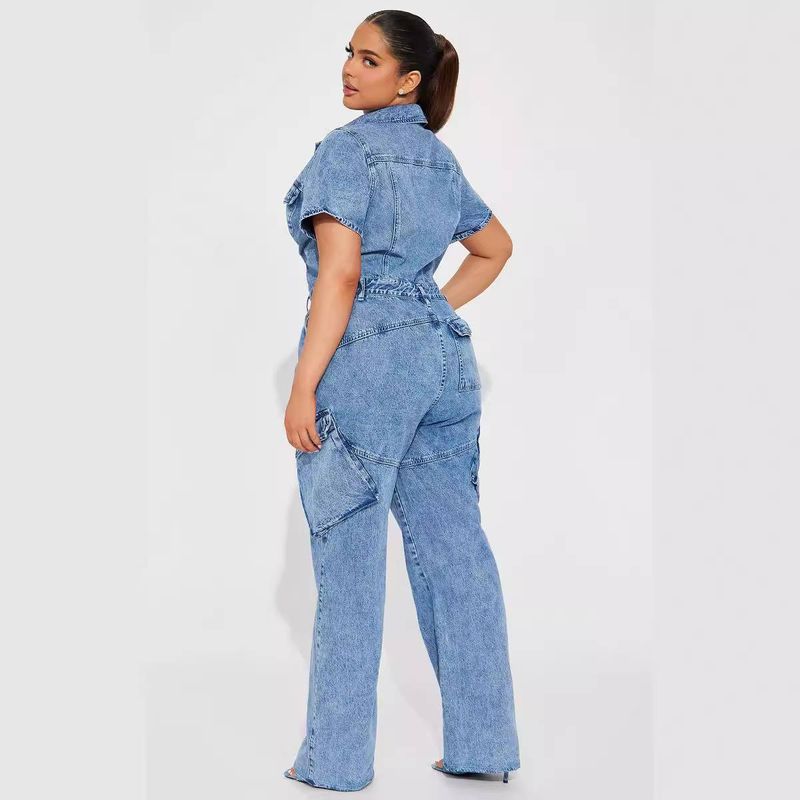 Combinaison en jean délavé à taille serrée pour femme, pantalon évasé, taille élastique, motif floral frit_voghion.com