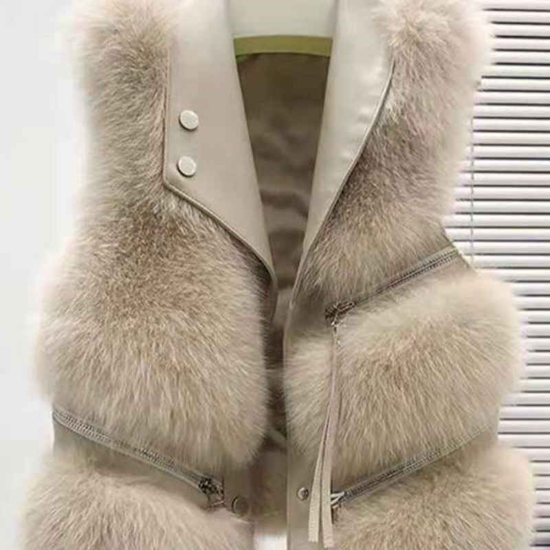 Women's Clothing Fur Vest Lapel Zipper Short Stitching Fur Fashion High end Jacket_voghion.com