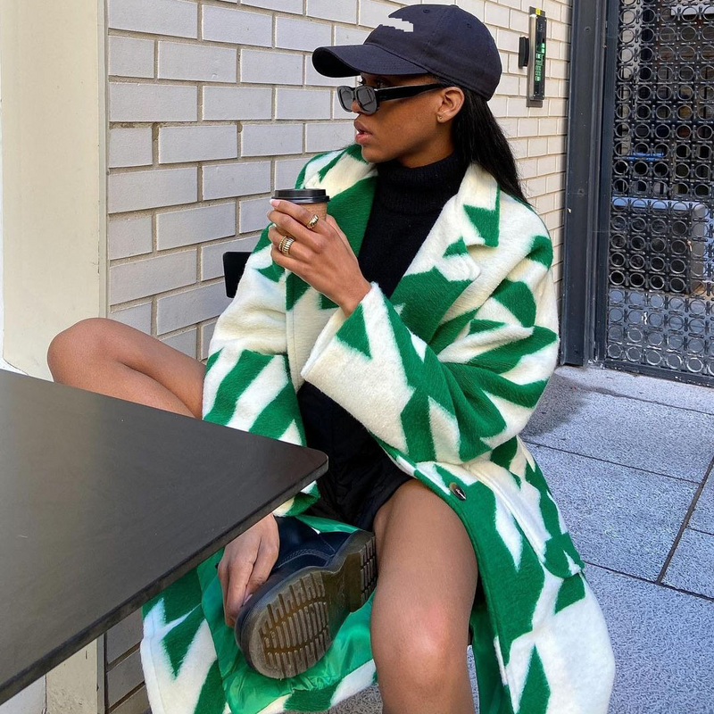 Women's Cothing Various Color Matching Fashion Long Sleeved Lapel Coat Printed Woolen Coat_voghion.com