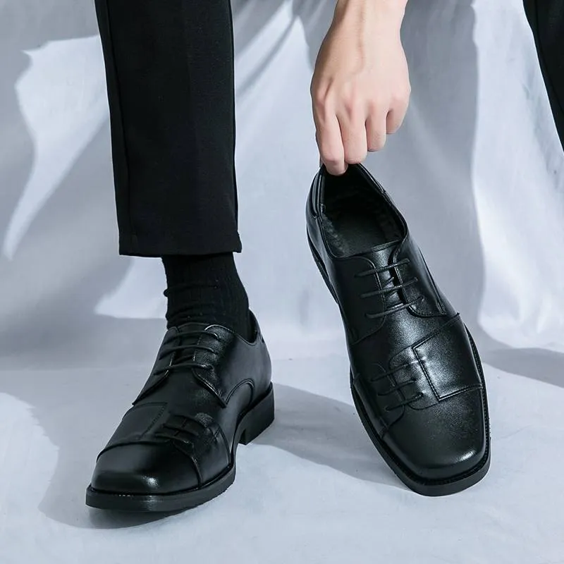 Chaussures pour hommes à bout carré, chaussures derby à lacets en cuir véritable, style britannique, marron, pour robe de banquet et de mariage_voghion.com