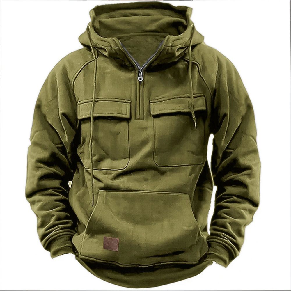 Spring And Autumn New Men's Hooded Solid Youth Sports Multi Pocket Patch Leather Sweater Coat_voghion.com