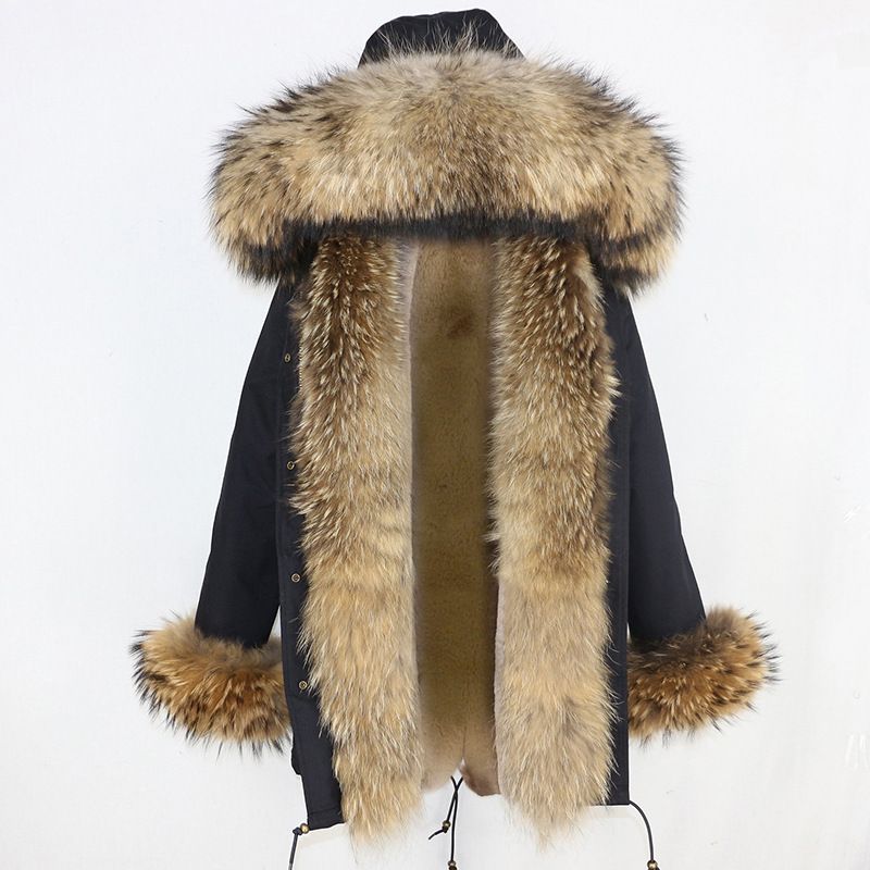 Damenbekleidung Winterneuer, verdickter Parka mit abnehmbarem Kunstpelzfutter, übergroßem Waschbärpelzkragen und mittellangem Pelzmantel_voghion.com